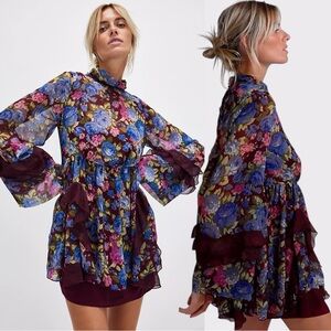 Free People Noella Mini Dress Tunic Size Large Floral Dainty Romantic Lace Sheer